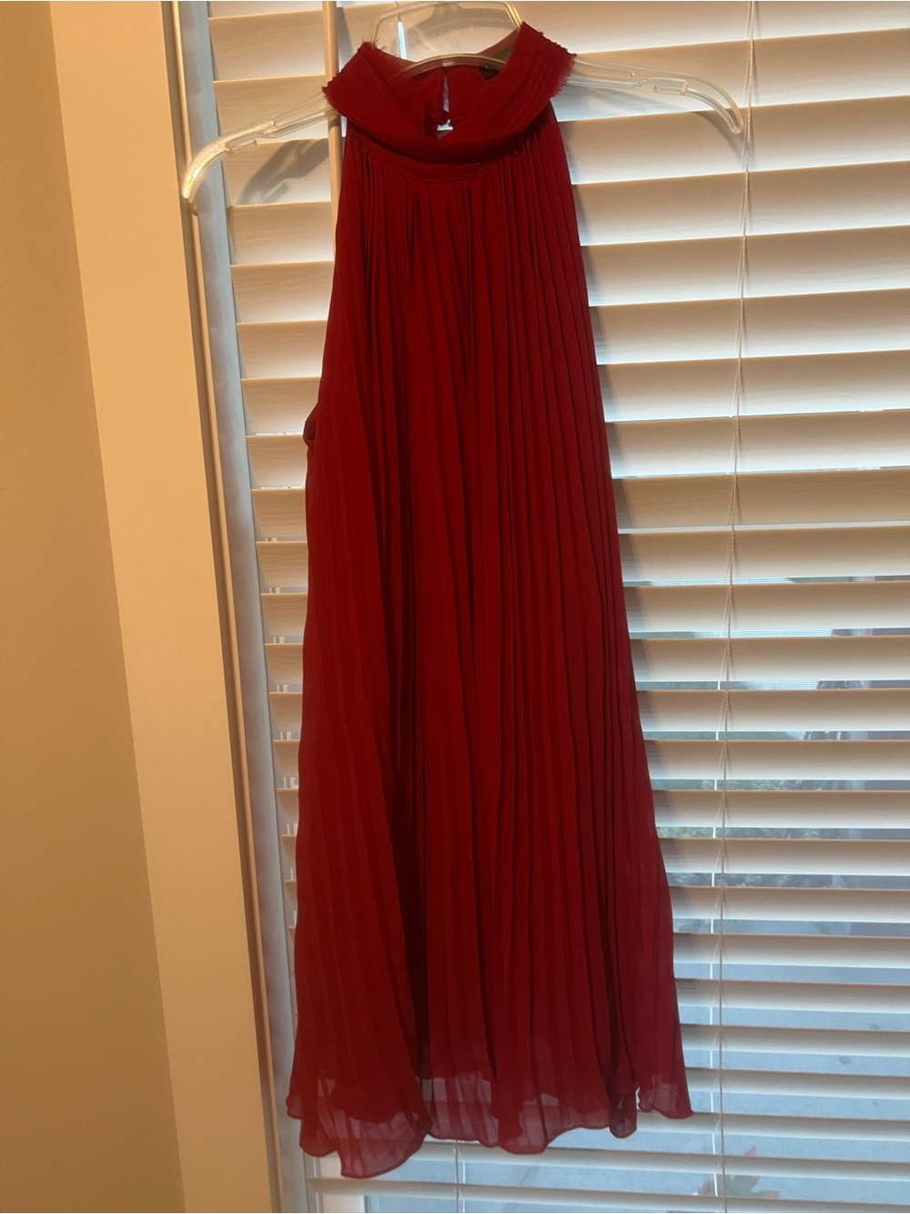 Aakaa Red Pleated Midi Dress with High Neck
